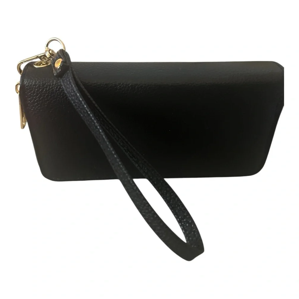 Elegant Black Leather Wristlet with‎ Double Zippers & Gold Accent New - Picture 2 of 15